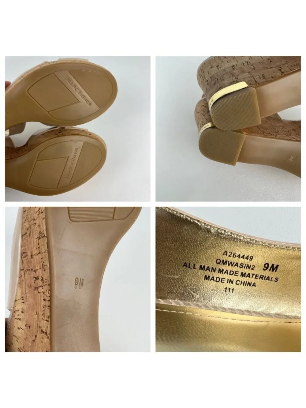 Marc Fisher Womens Wasin II Nude Tan Wedge Sandal Cork Platform Peep Toe size 9